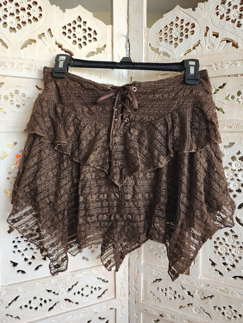 House Mini-skirt Skort- Womens Size XS- Lace, Corset Style, Asymmetrical, Brown